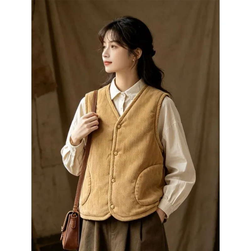 Women Autumn Winter Quilted Vest V Neck Snap Button Fleece Lined Warm Sleeveless Waistcoat For Layering