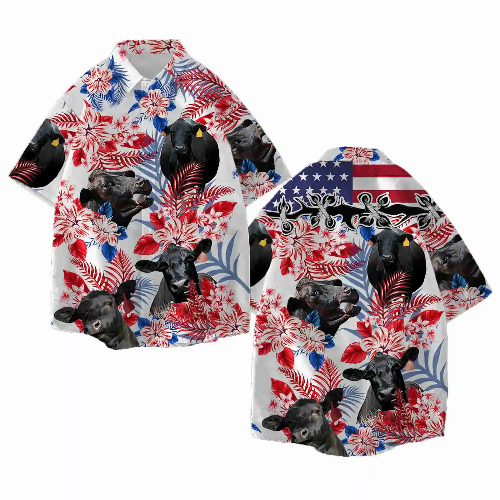 Jumeast Black Angus Cattle Lovers American Flag Men Hawaiian Shirt Oversize Farm Cow Beach Aloha Shirty Blouse Youth YK2 Clothes