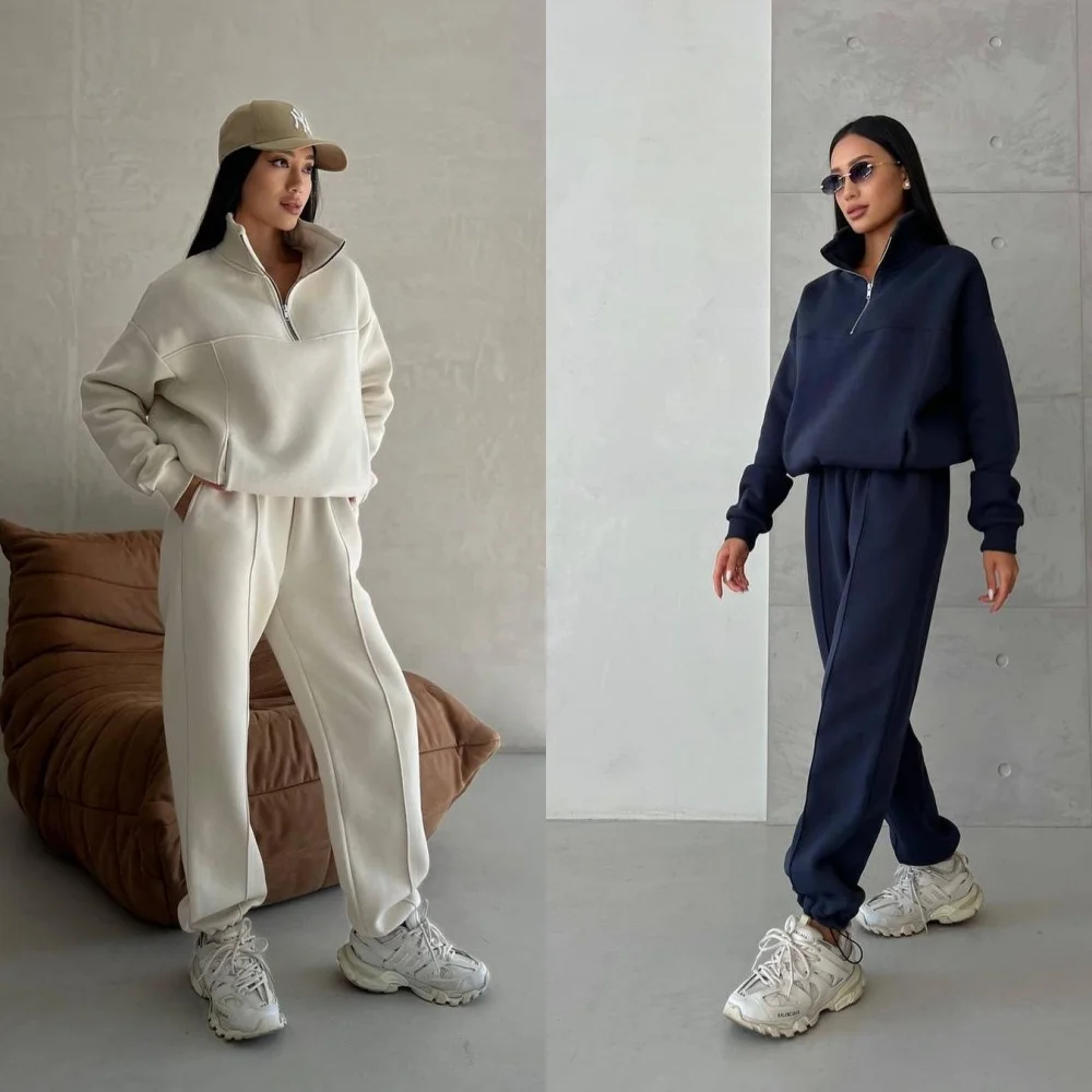 Autumn Women\'s Tracksuit with Zipper Cotton Oversize White Casual Two Piece Set Women Classic Sports Trouser Suits for Women