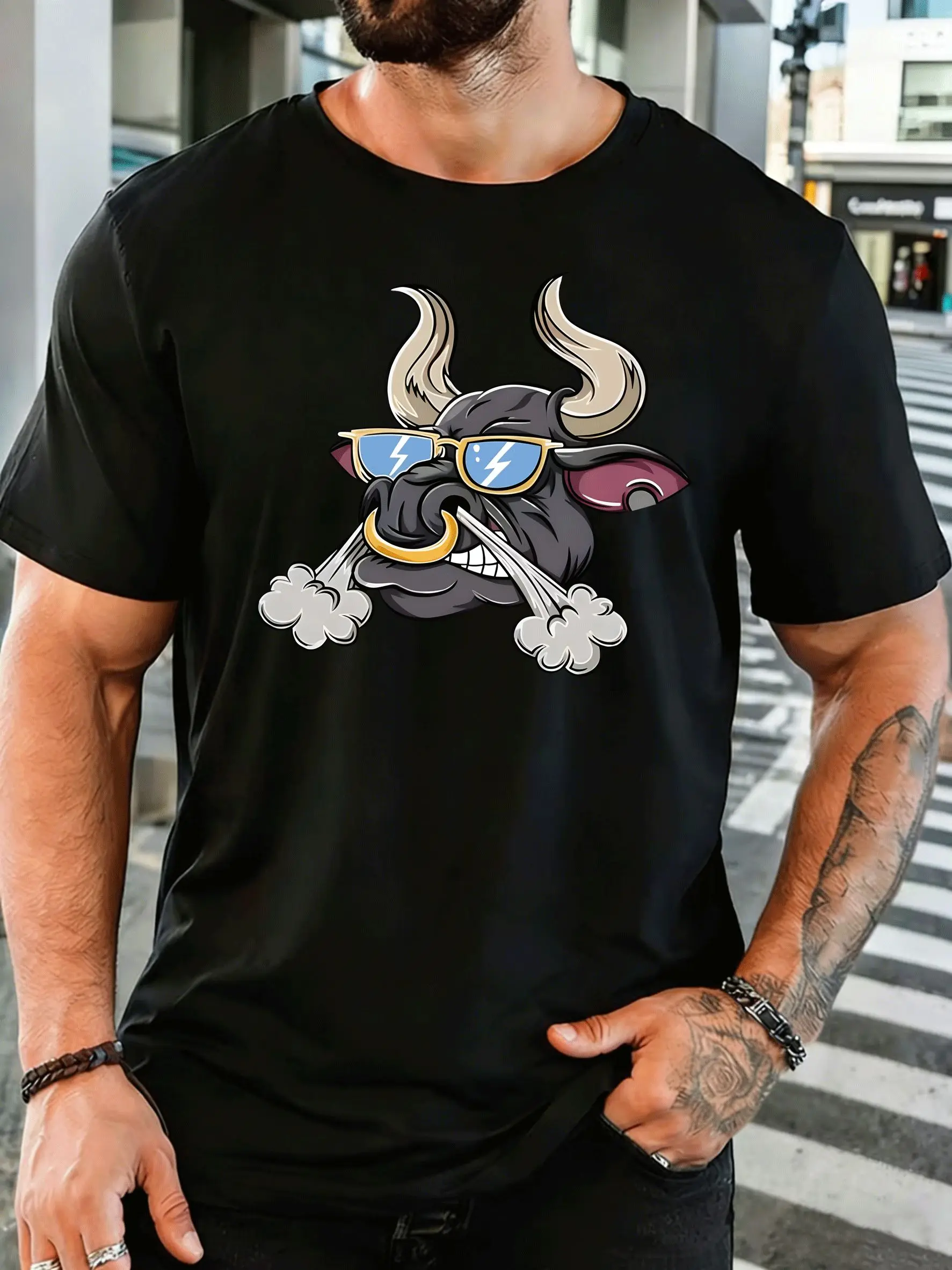 Cool Bull With Lightning Sunglasses Mens Front Print T Shirt Cartoon Animal Graphic Tee Casual Short Sleeve Top Bull Lover Gift
