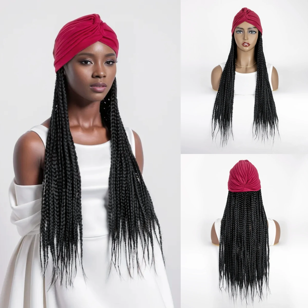 Peluca de diadema sintética trenzada con caja negra para mujer, extensiones de pelo trenzado turbante de rojo, pelucas de peinado, 24 pulgadas de largo