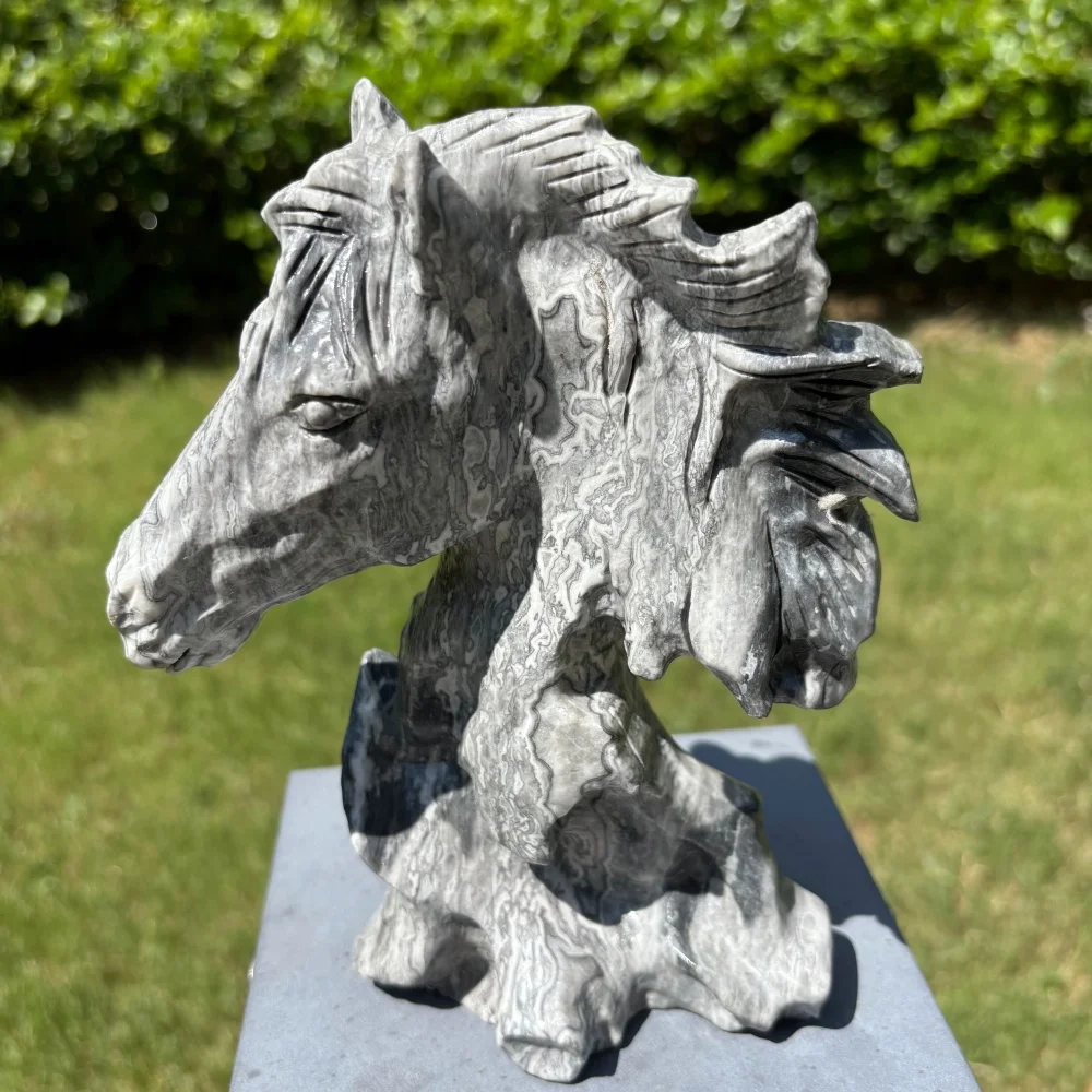 1.3kg Natural Picasso Jasper Horse Head Crystal Carving Figurine Hand Carved Stone Statue Courage Healing Crystal Home Decor