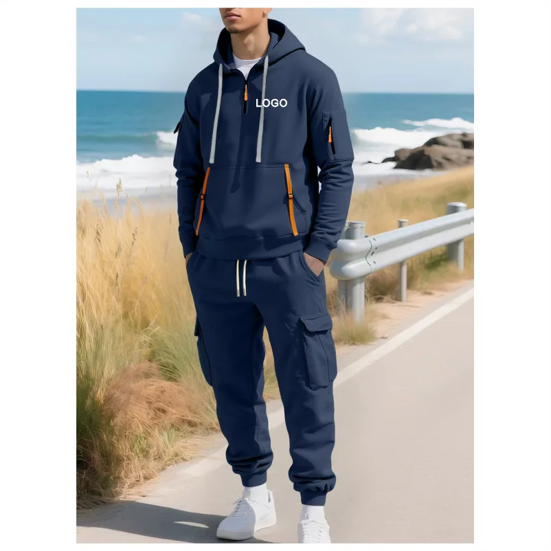 남성용 플리스 안감 후드 집업 멀티 포켓 카하트 작업복 세트 신상 가을/겨울 편안한 후드티 맞춤 로고