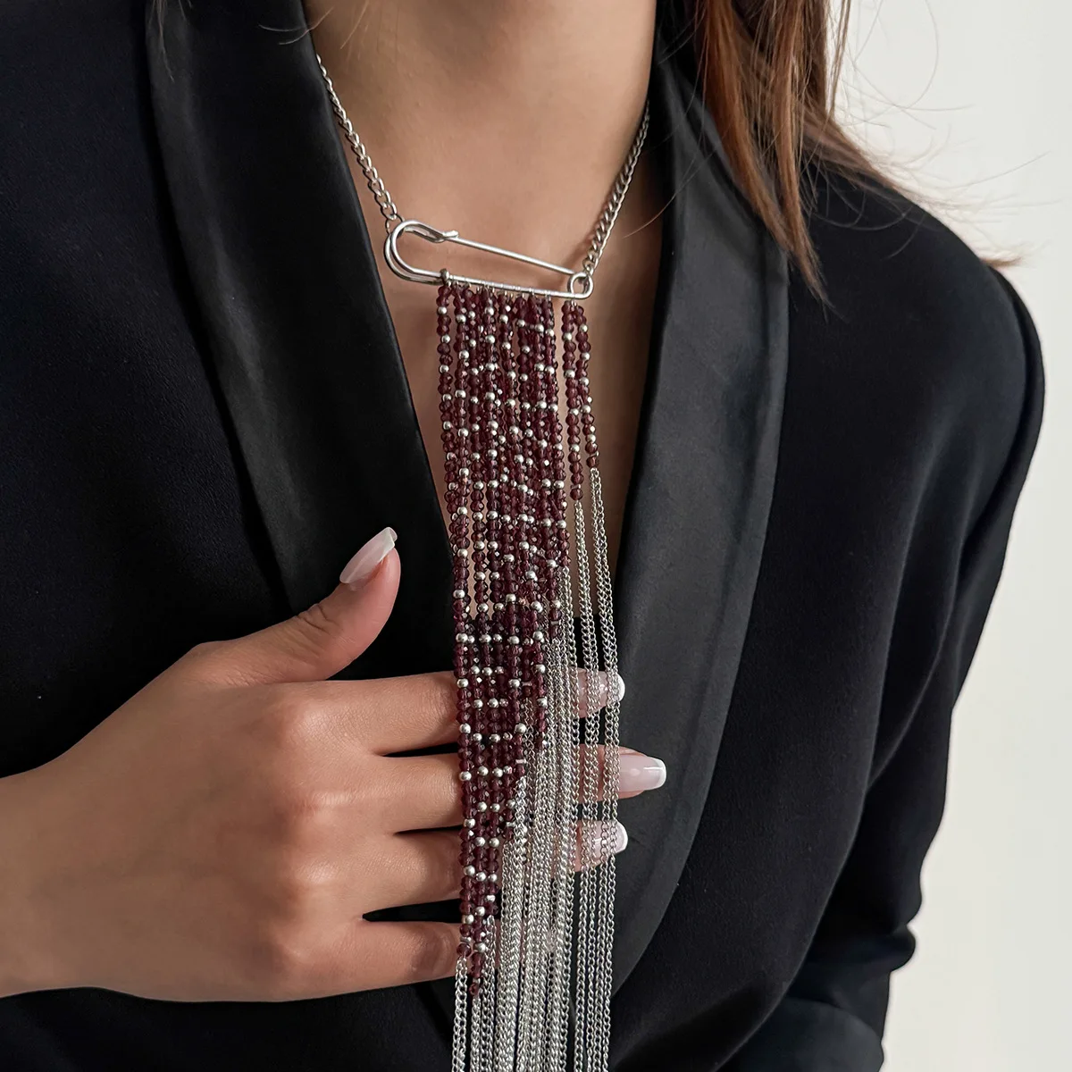 New Trendy Creative Crystal Beaded Tassel Chain Pin Necktie Necklace for Women Brooch Dual-purpose Party Club Streetwear Jewelry