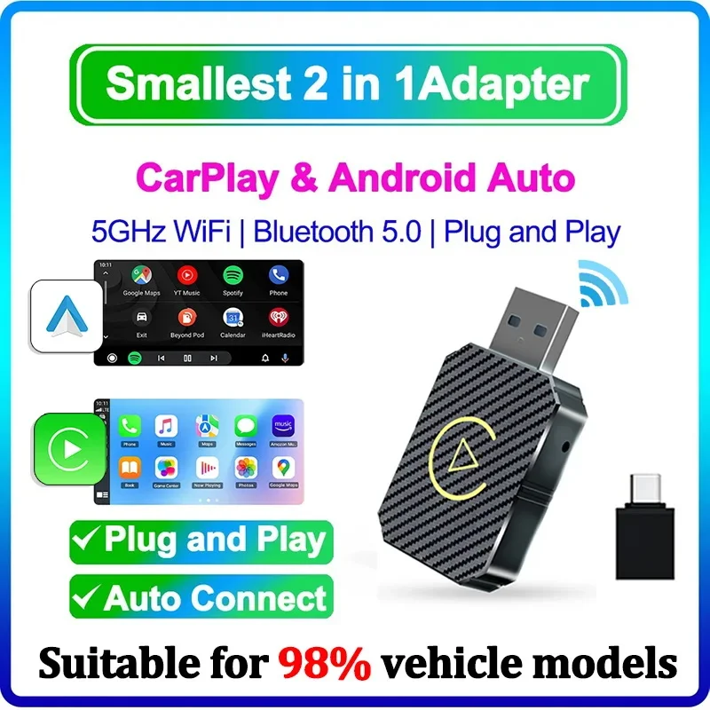 

Car Ai Box 2 in 1 Wireless CarPlay Adapter Android Auto Wireless Adapter USB Dongle Plug & Play Carplay Wireless Adapter