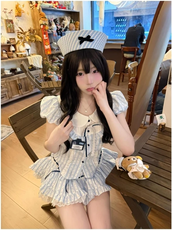 الحلو المدرسة Sle الأزرق البولكا نقطة لطيف اللون بلو فقاعة Sve أعلى و منتفخ كعكة تنورة قطعتين مجموعة المرأة Faion #1