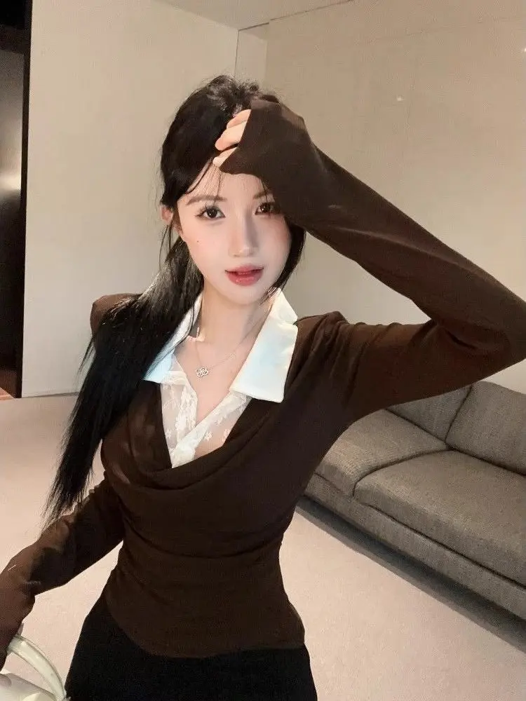 Impresionante encaje empalme largo Sve camiseta mujer invierno puro deseo gota-oldro Base irt ropa interior viaje Sle coreano...