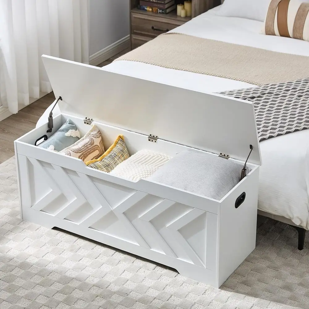 مقعد تخزين خشبي كبير مع مفصلات أمان، مثالي للمدخل وغرفة النوم وغرفة المعيشة، باللون الأبيض