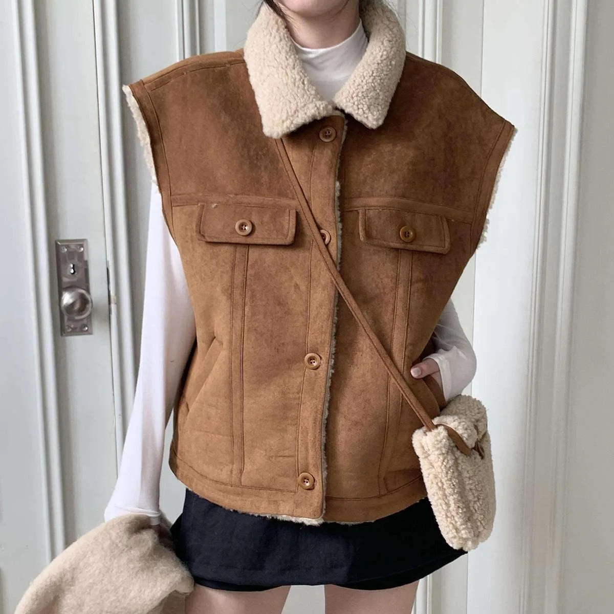 

Women's eepskin Vest Autumn Winter Korean Sle Loose Fit Coat-In-Material Button-Up ket Top with Small Bag