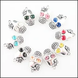 Fashion 10Pcs Mixed Crystal Tibetan Silver Plated Halloween Skull Flower Charms Pendants 13x22mm HCJBAB