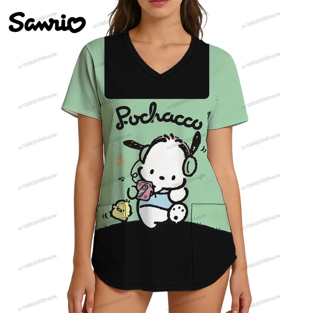 

Kawaii 2026 New Pocket Nurse Uniform V Neck T Shirt Summer Women's T-shirt Pochacco Y2k Clothes 3D Print S-2XL Fashion Trend