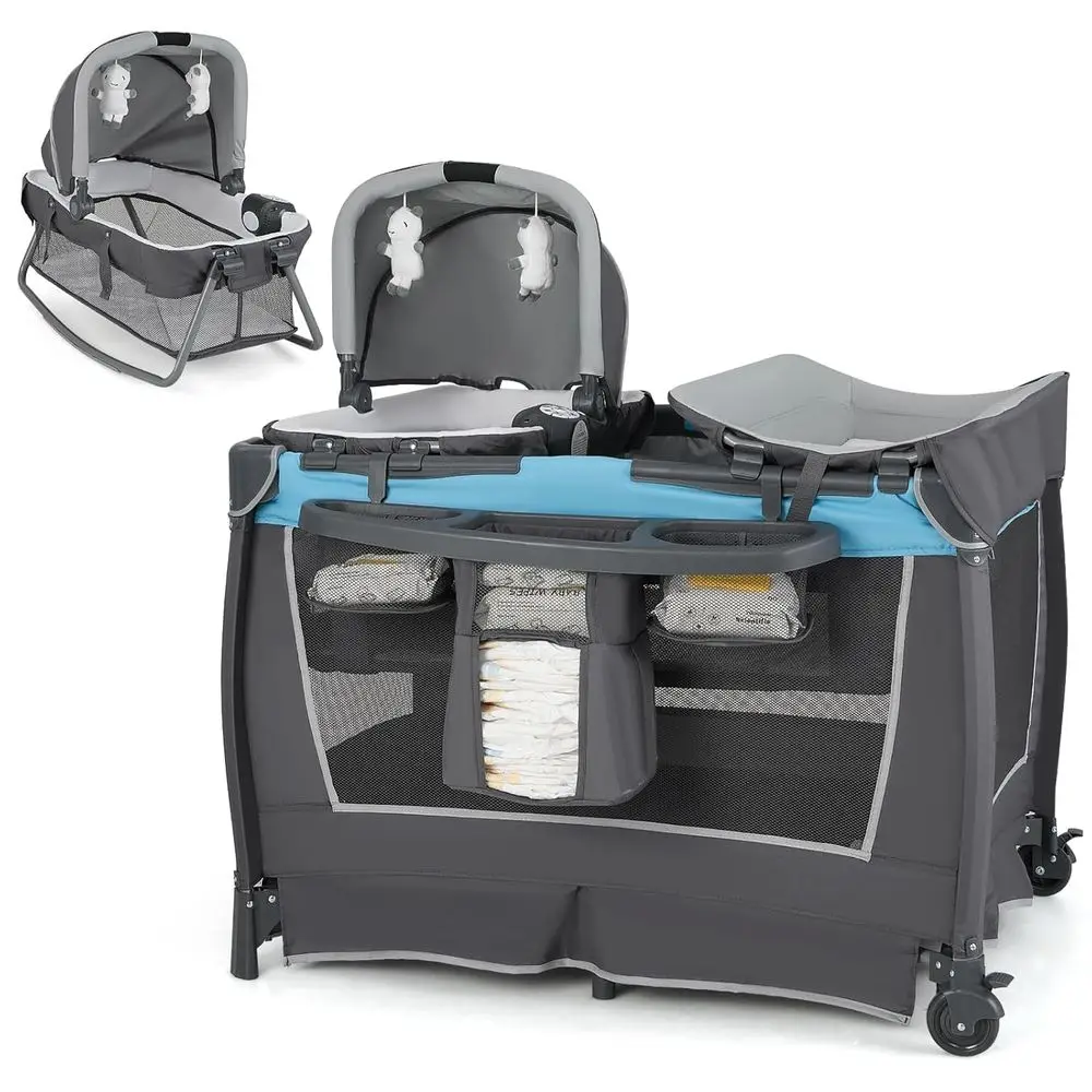 5-in-1 ポータブルベビーサークル（ベビーベッド、おむつ替え台、収納、音楽、キャリーバッグ付き）