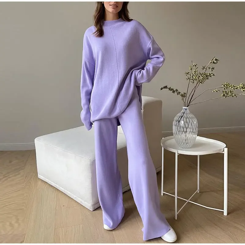 Split Turtleneck Women Sweater Suit Winter Solid Loose Casual Wide Leg Pants Female Two Piece Set 2024 Elegant Knit Tops Outfits