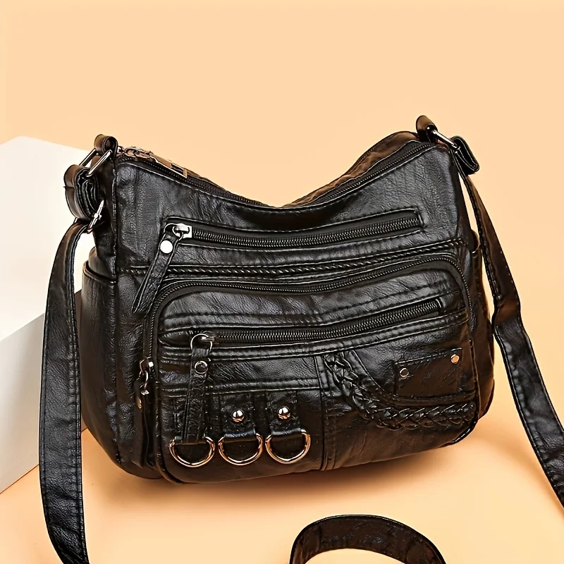 Women'S Large Capacity Shoulder Crossbody Bag, Multi Layer Zipper Pocket Synthetic Handbag Purse with Golden-Tone Hardware view 4