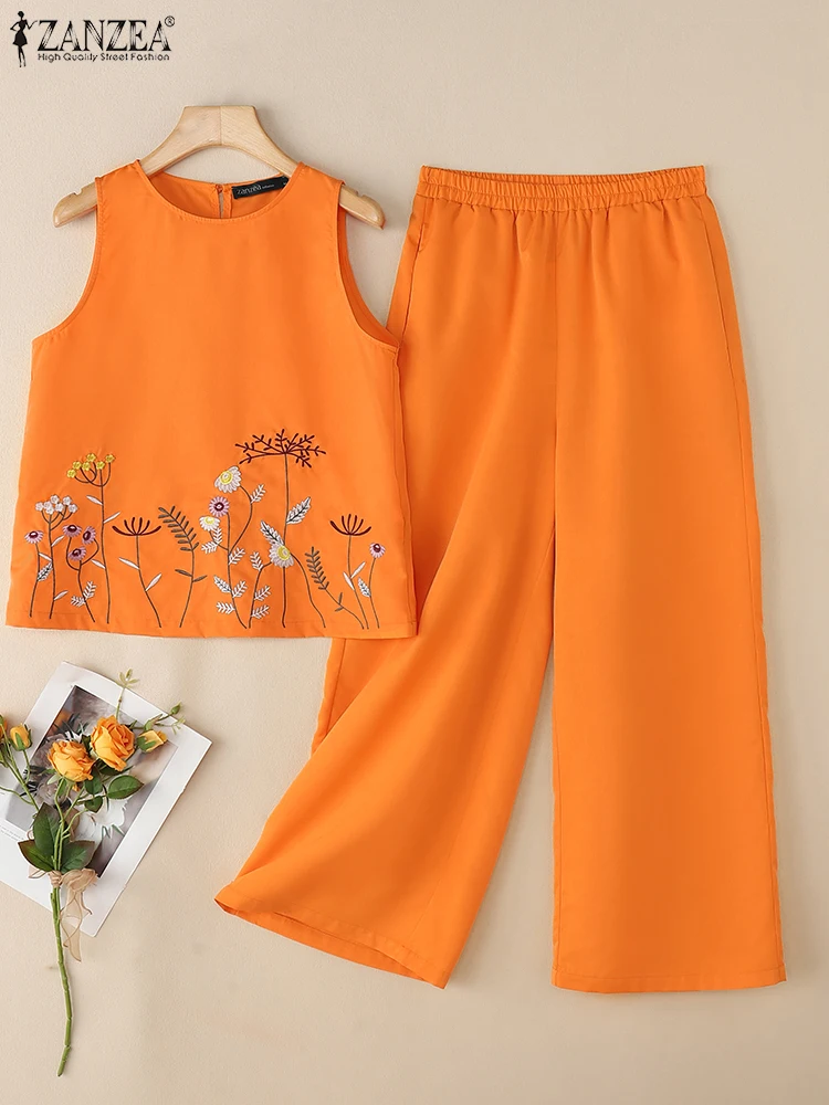 

ZANZEA Summer Pant Sets 2025 Women Work Matching Sets 2PCS Sleeveless Tanks Tops Embroidery Outfits Elegant Work OL Tracksuits