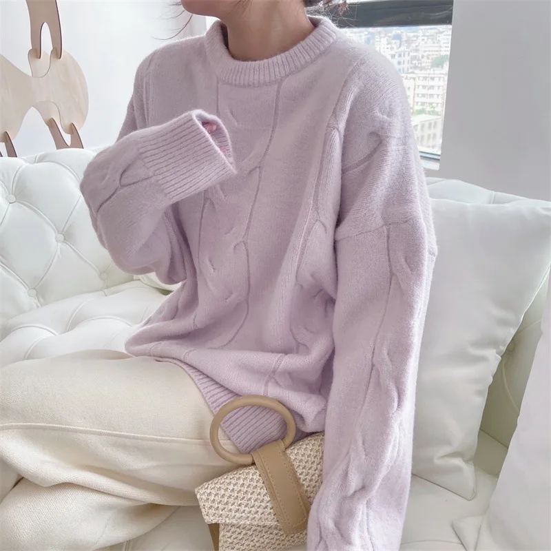 

Autumn Winter Top Trendy round Neck Long SleeveKorean Style Soft Twist Sweater Women's Overhead Loose Lazy Sweet Knitted