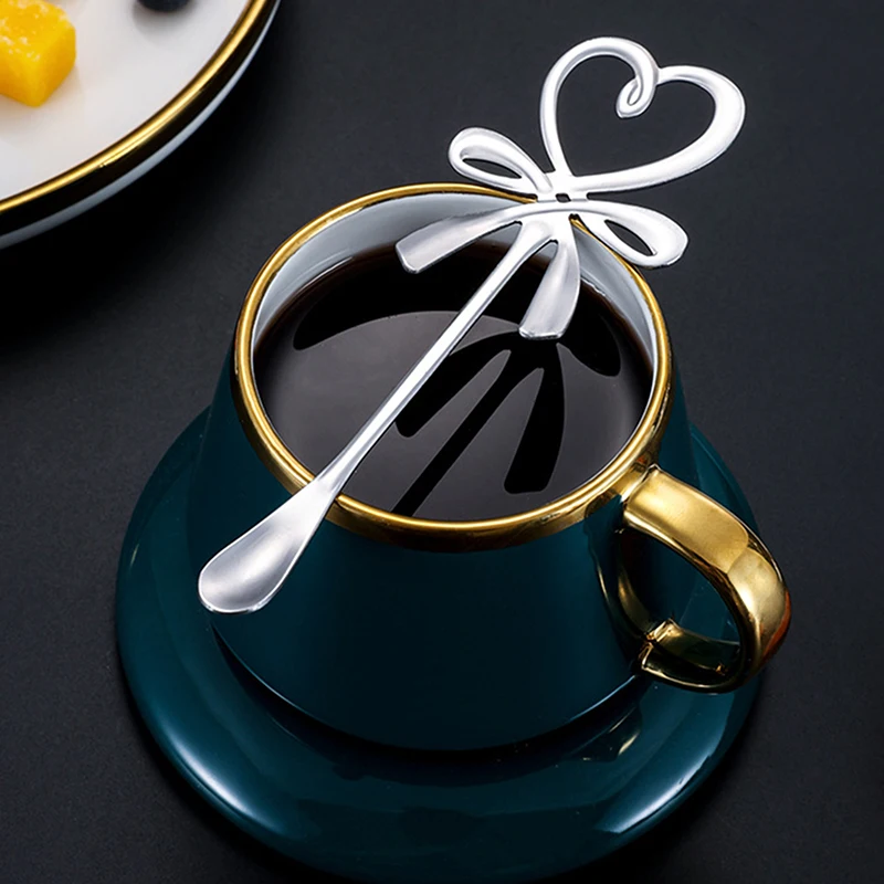 3D Bow Knot Heart Shaped Mini Coffee Spoon Tea Dessert Hanging Spoon Gold Silver Spoon Stainless Steel Flatware