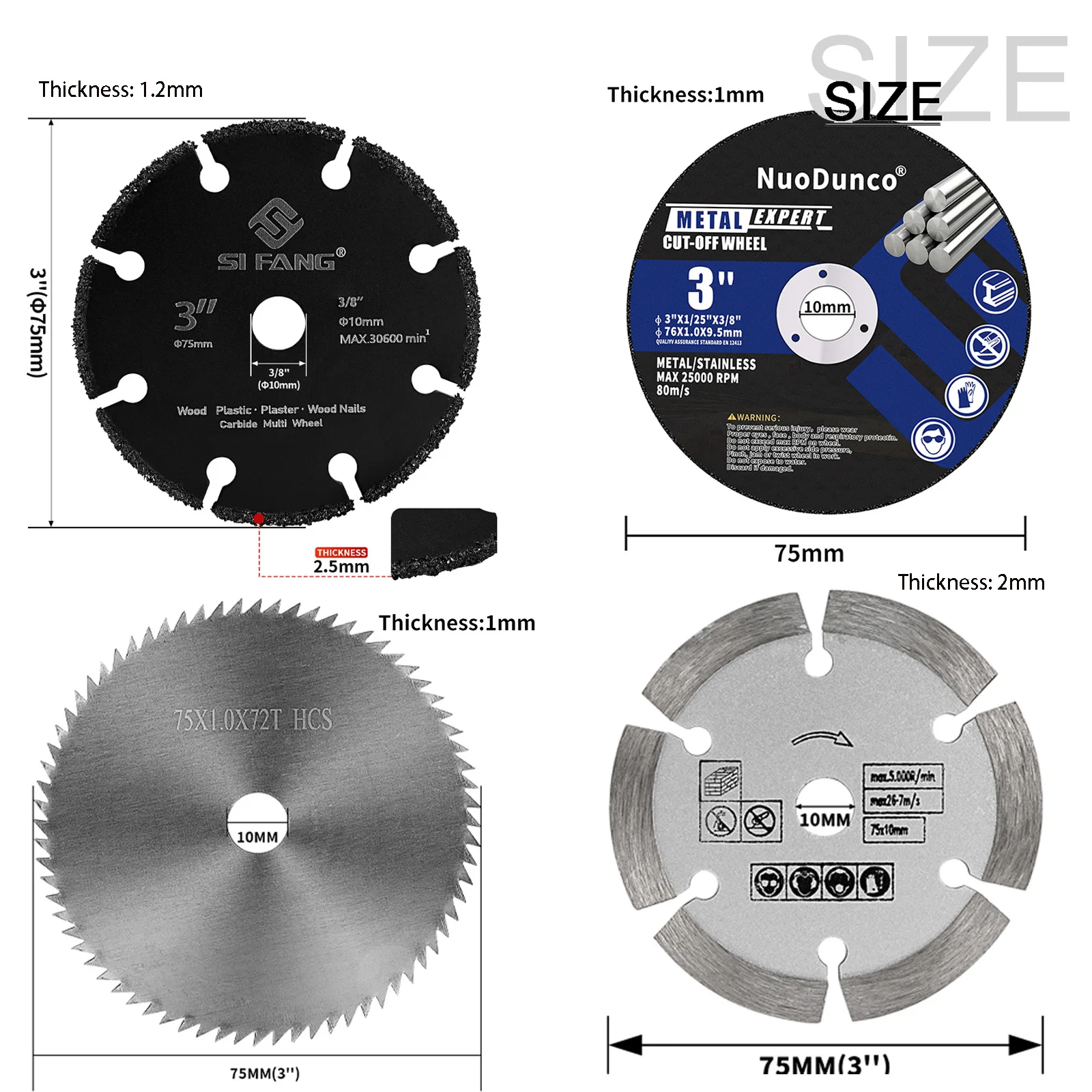 NuoDun 4pcs 3 Inch Cutting Disc 75mm Diamond Grinding Disc Metal Stainless Steel Wood Glass Stone Cutting Mini Grinder Saw Blade