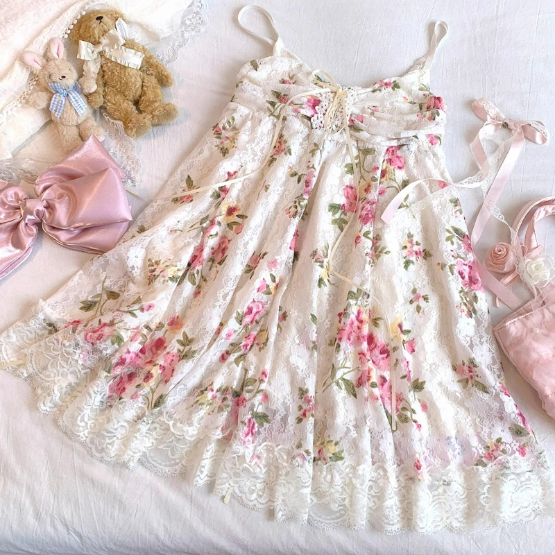 Süßes Kleid im Lolita-Stil für Damen, Vintage, elegant, Blumendruck, Bandage, Spitzenkleider, Mädchen, japanisches Kawaii-Party-Mini-Prinzessinnenkleid