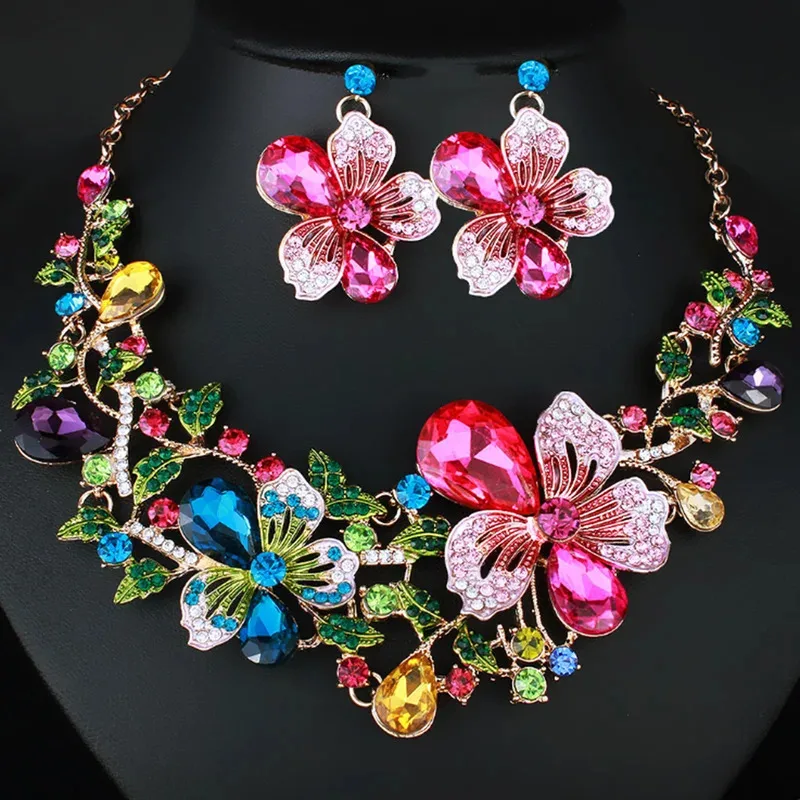 

YISON Fashion Bauhinia Flowers Crystal Jewelry Set Multicolor Earrings with Matching Necklace for Women Wedding Accessories