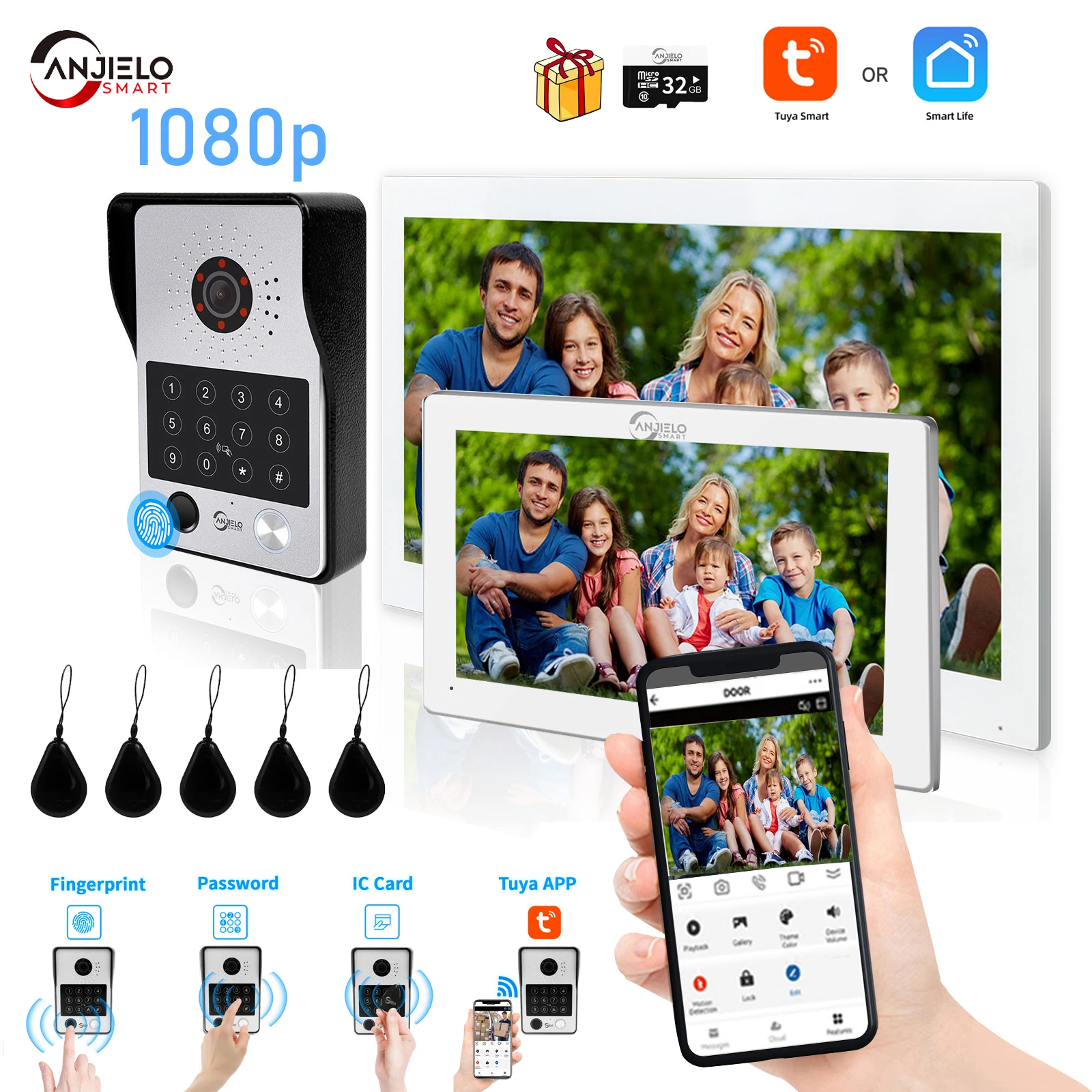 

5in1 Unlock Doorbell Video Intercom System Home intercom with screen Doorphone intercom for apartment wi fi 1080P Touch Monitor