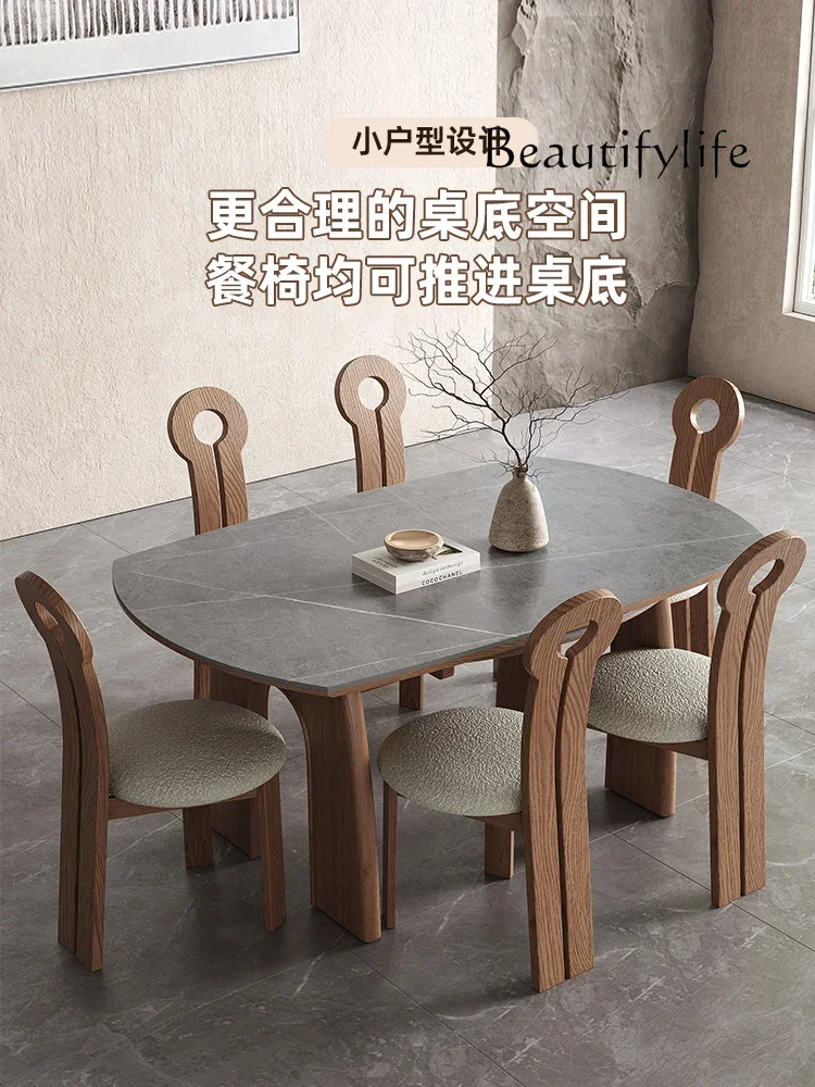 Retractable round solid wood rock slab dining table and chairs modern simple square and round dual-purpose high-end dining table