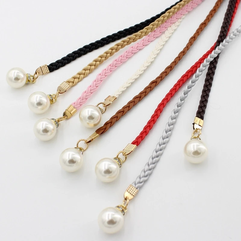 Vintage Bohemian Knot Thin Belt Women Elegant Pearl Elastic Braided Waistband Female Summer Seaside Dress Decorative Waist Rope