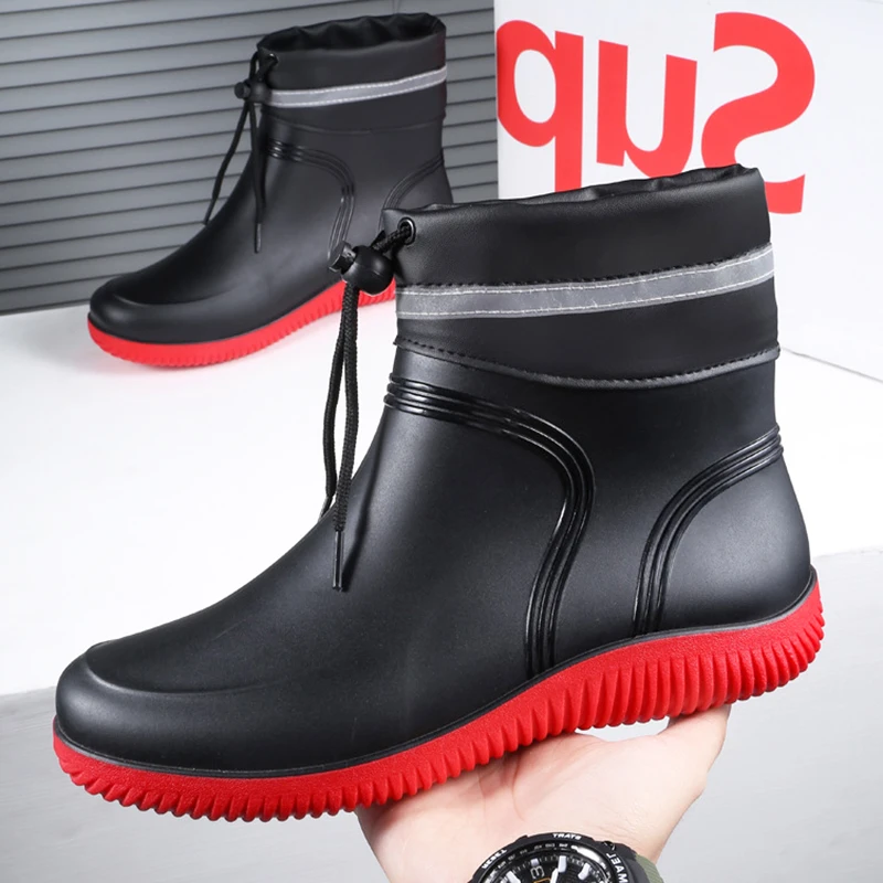 

New Winter Outdoors Men's Rain Boots Short Tube Non-Slip Waterproof Velvet Warm Rubber Shoes Men Kitchen Work Fishing Rain Boots