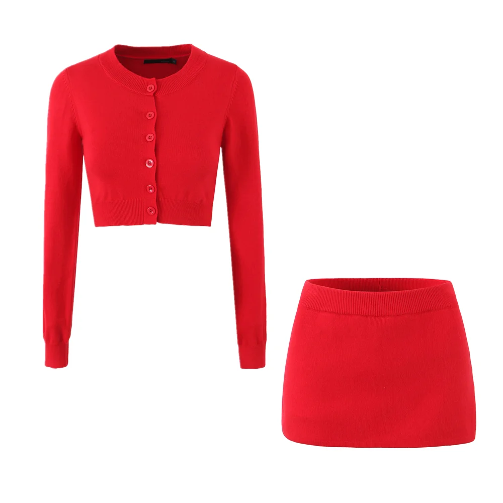 2 pieces 1 set O Neck Single-breasted Buttons Knitted Cardigan Crop Sweater Elastic Low Waist extra Mini Skirt Suits Red Black