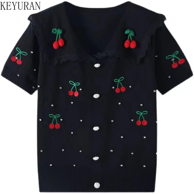 2024 Suumer Lace Cherry Embroidery Argyle Diamonds Beaded Sweater Women Knitted Pullover Short Sleeve Lapel Knitwear Tops Jumper