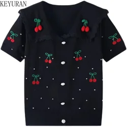 2024 Suumer Lace Cherry Embroidery Argyle Diamonds Beaded Sweater Women Knitted Pullover Short Sleeve Lapel Knitwear Tops Jumper