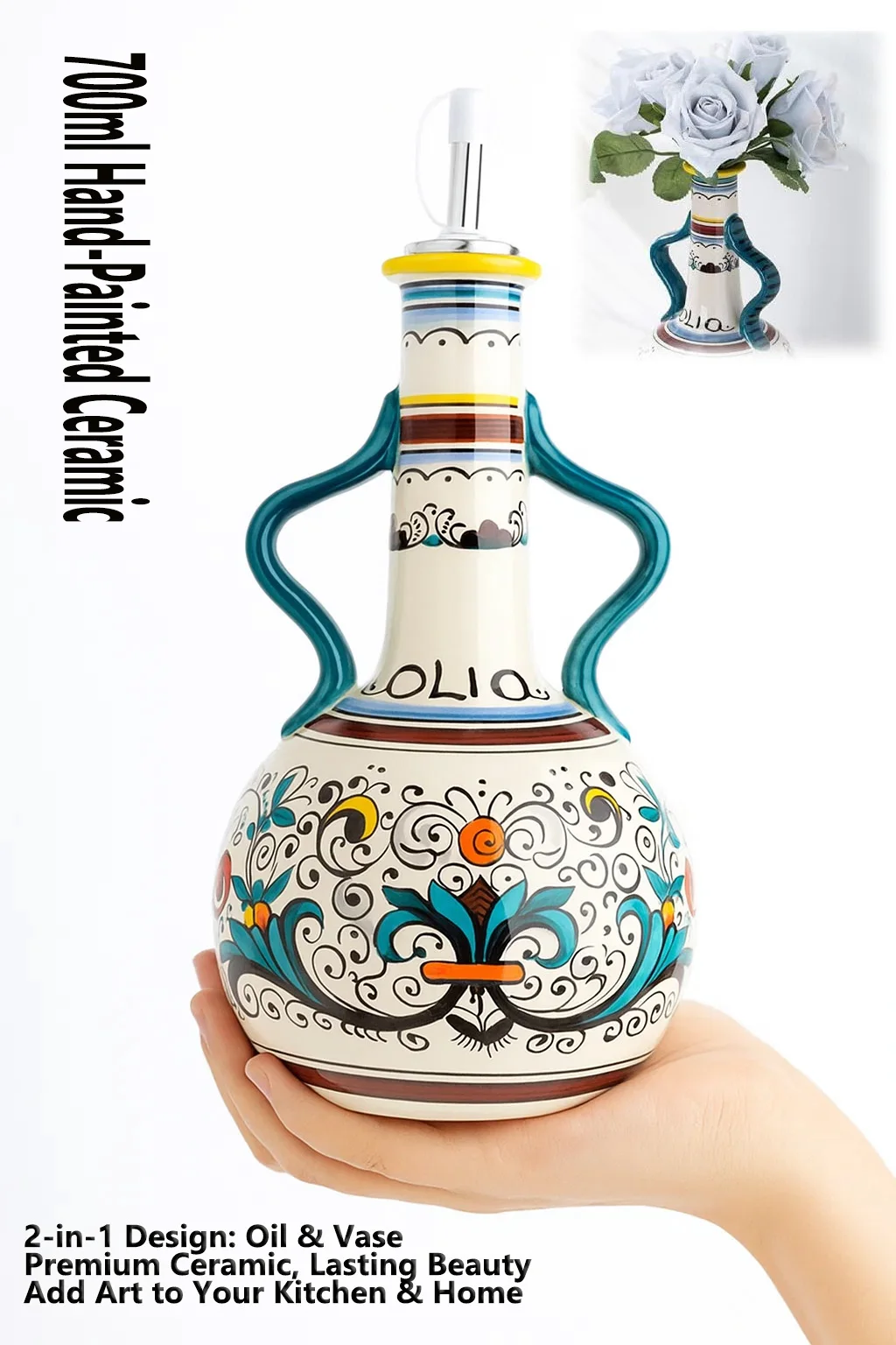 

700ml Hand-Painted Ceramic Olive Oil Dispenser, Mediterranean Style Drip-Free Cruet with Handle, Artisanal Vinegar Bottle