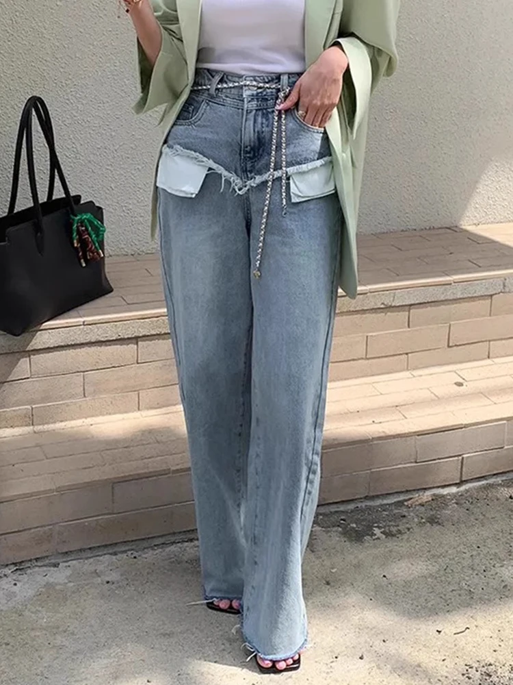 

Стильные женские джинсы с высокой талией для осени и зимы, широкие штанины, двойные карманы, дизайн с эффектом похудения, универсальные, длинные.