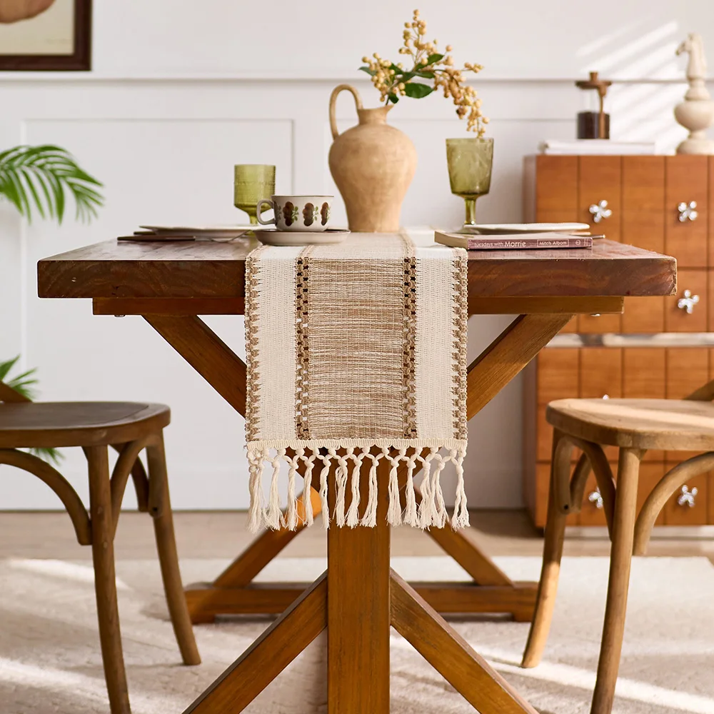 Khaki Makramee-Stil Boho Farmhouse Tischläufer mit Quasten Rechteckiges Design Strapazierfähiger Stoff für Heim-, Restaurant- und Küchendekoration – Detail 3