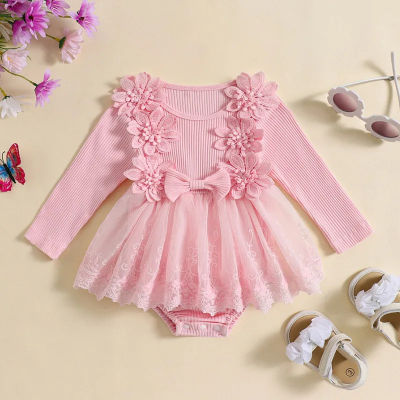 RUEWEY 0 to 18 Months Baby Girl Bodysuit Cute 3D Bow Flower Long Sleeve Patchwork Lace Ribbed Jumpsuit Baby Clothing