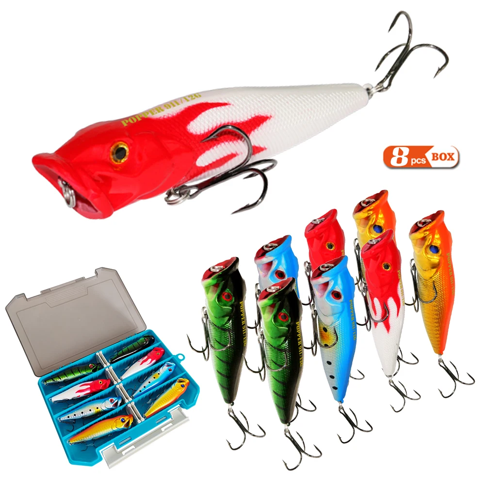 

8pcs Top Water Popper Lures 3D Eyes Artificial Fishing Lures with Hooks for Saltwater Freshwater Fishing