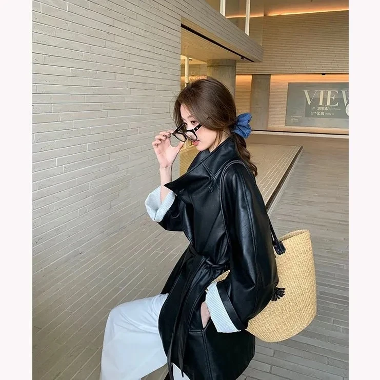 Black Leather Jacket Women's Autumn New Collection Mid Waist Style Slimming Windbreaker Jacket Top