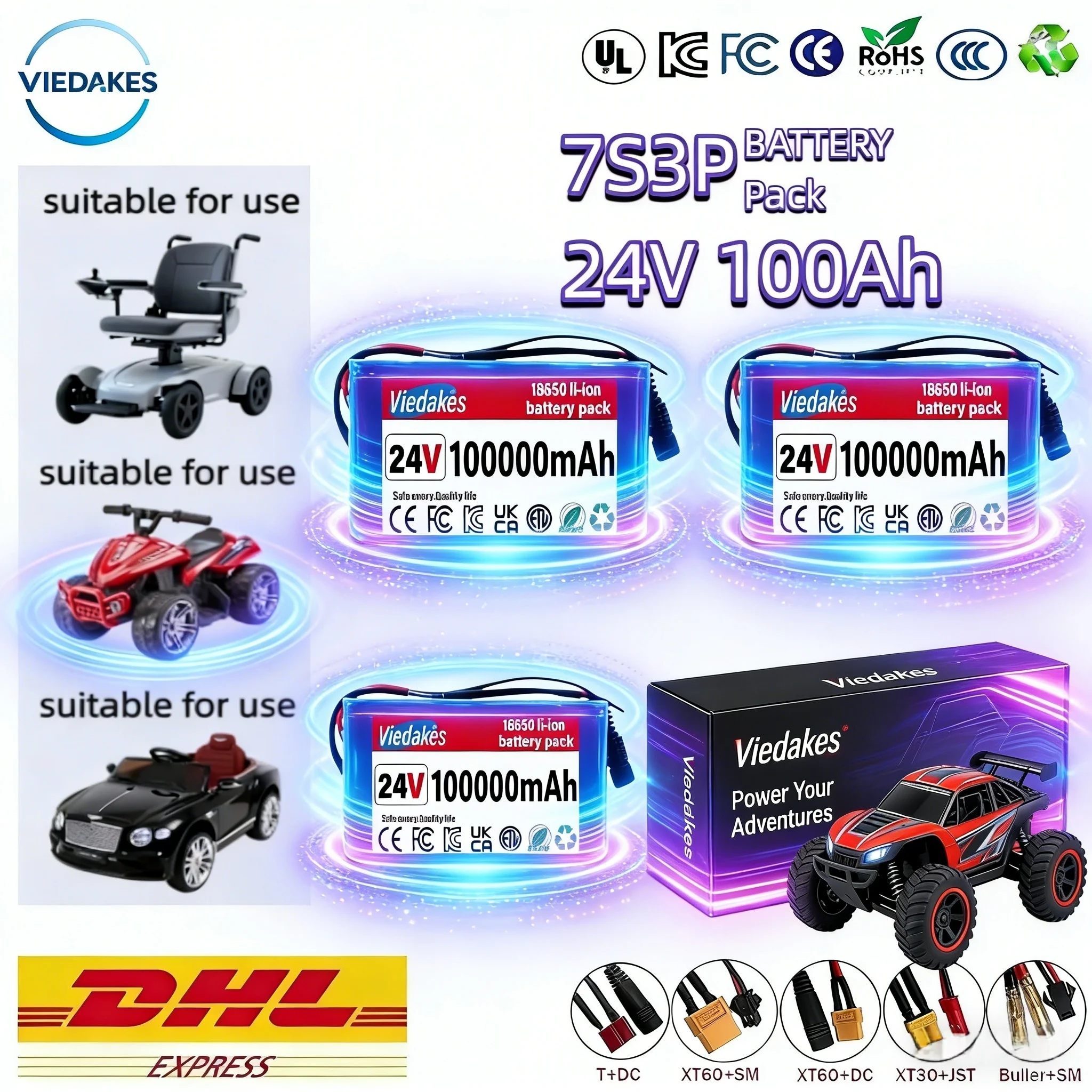 

VIEDAKES Brand New 18650 Battery Pack 24V 100Ah 7S3P Lifepo4 24v batteries Power Bank High Efficiency For Electric Equipment