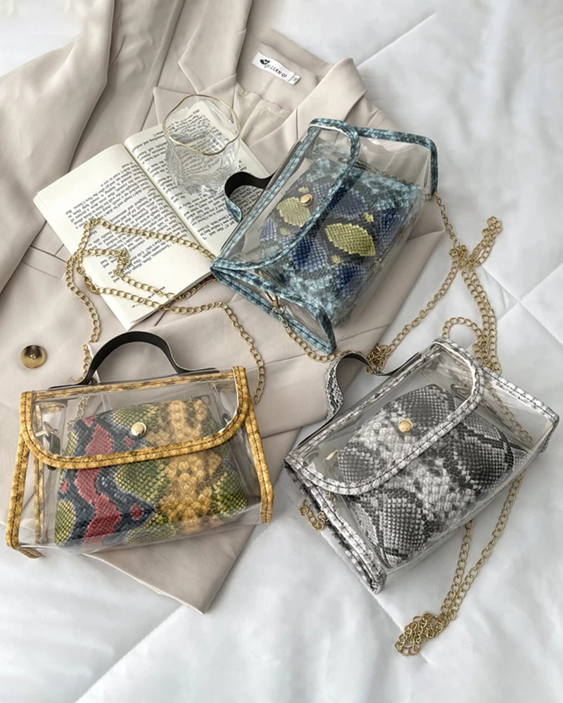 Snakeskin Clear Crossbody Bag With Inner Pouch