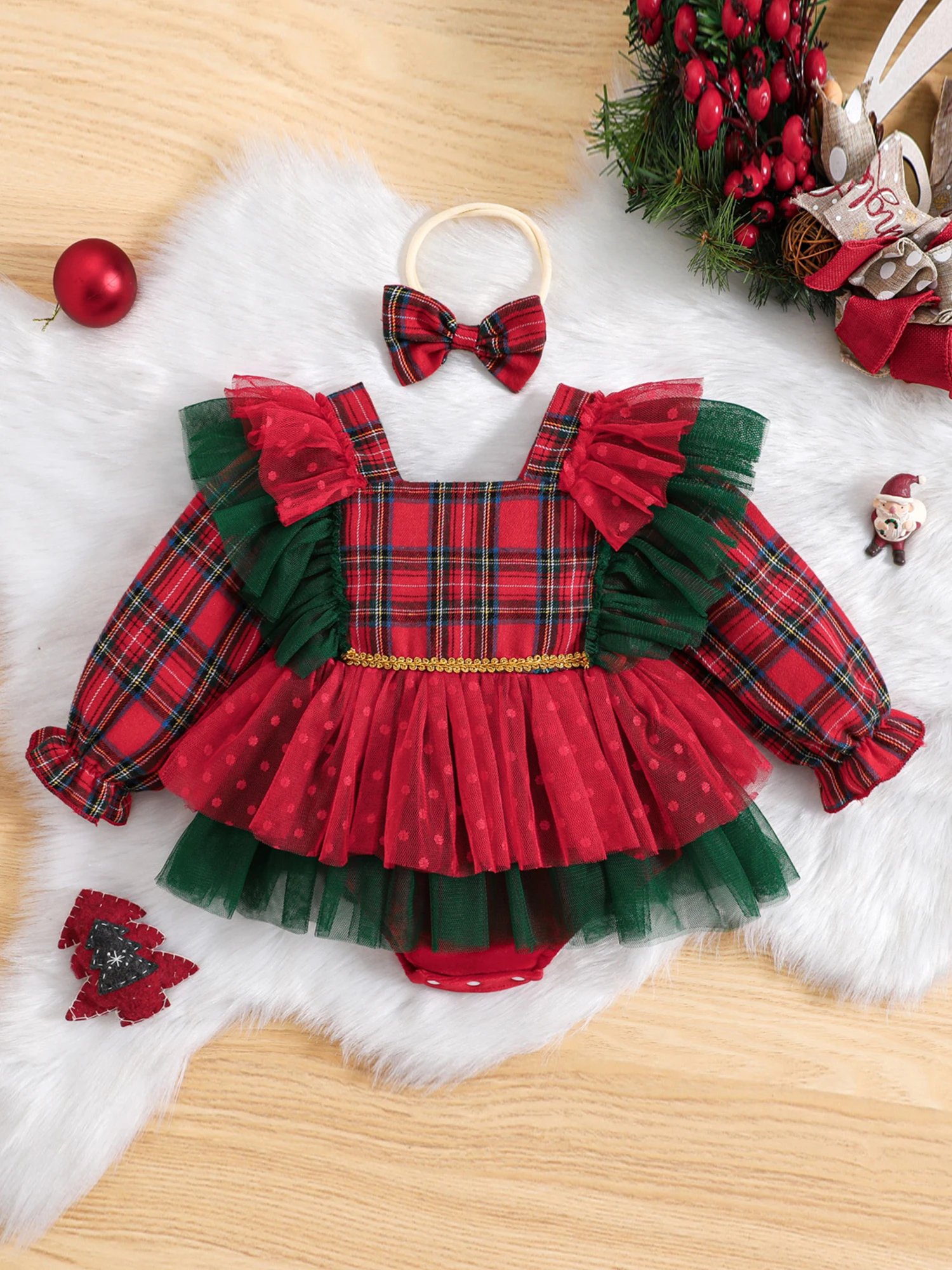 Adorable Baby Girls Christmas Plaid Romper with Matching Headband Set for Toddler Infants - Festive 2 Piece Outfit