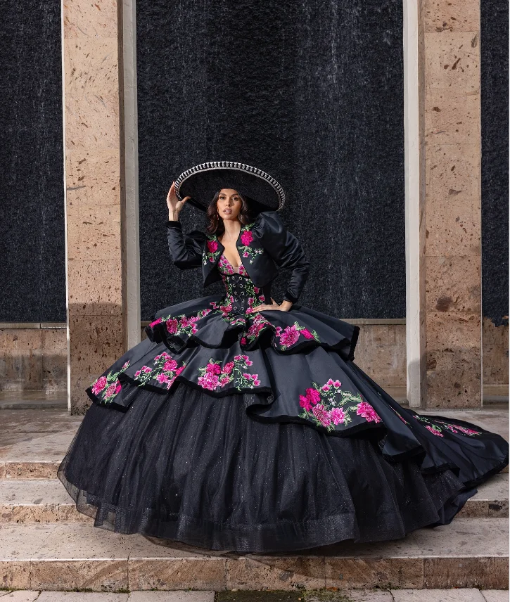 

Блестящие черные блестящие платья Charro Quinceanera с жакетом, корсет с 3D цветочной аппликацией, платья по индивидуальному заказу, платья de 15 лет quincea Duer