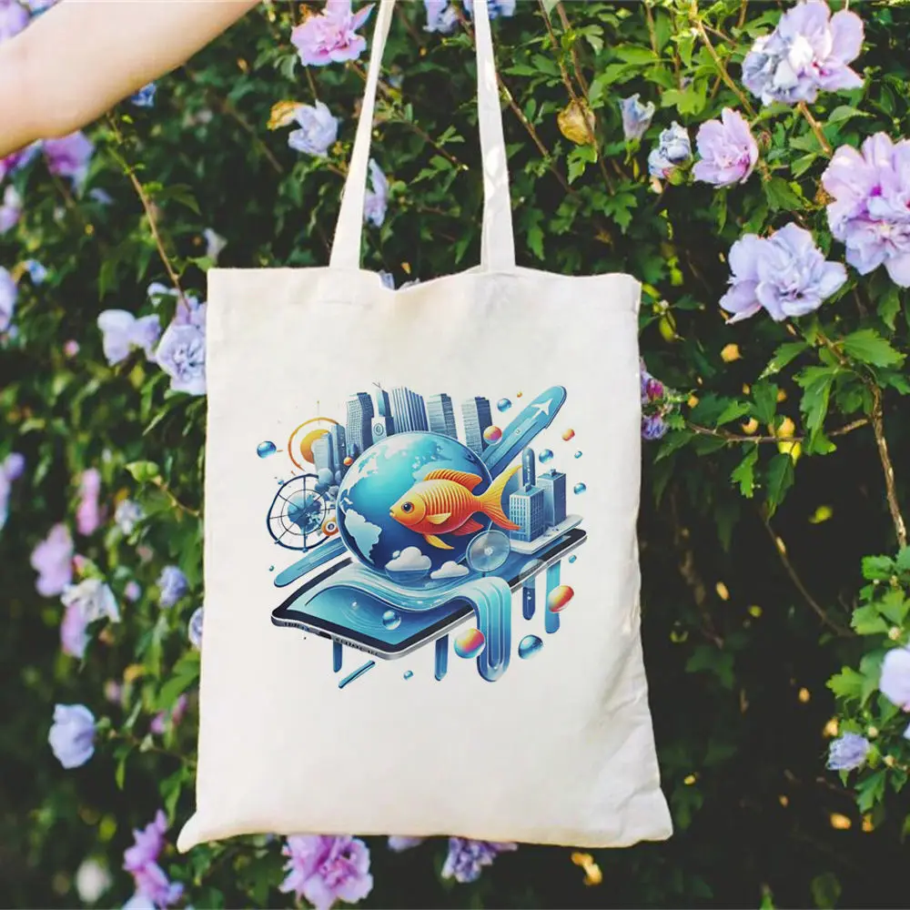 مكتبة Frutiger Aero Boutique المعزولة قابلة للطي بالجملة حقيبة تسوق عصرية طباعة فنية نمط فريد مستدام