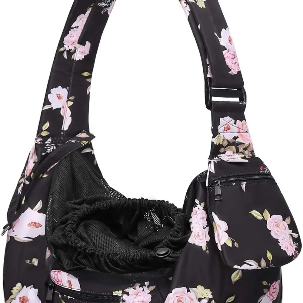 Dog Cat Sling Carrier, Pet Carrier Camellia Tote Bag Hands Free Adjustable Padded Strap Breathable Polyester Soft Carrying Trave