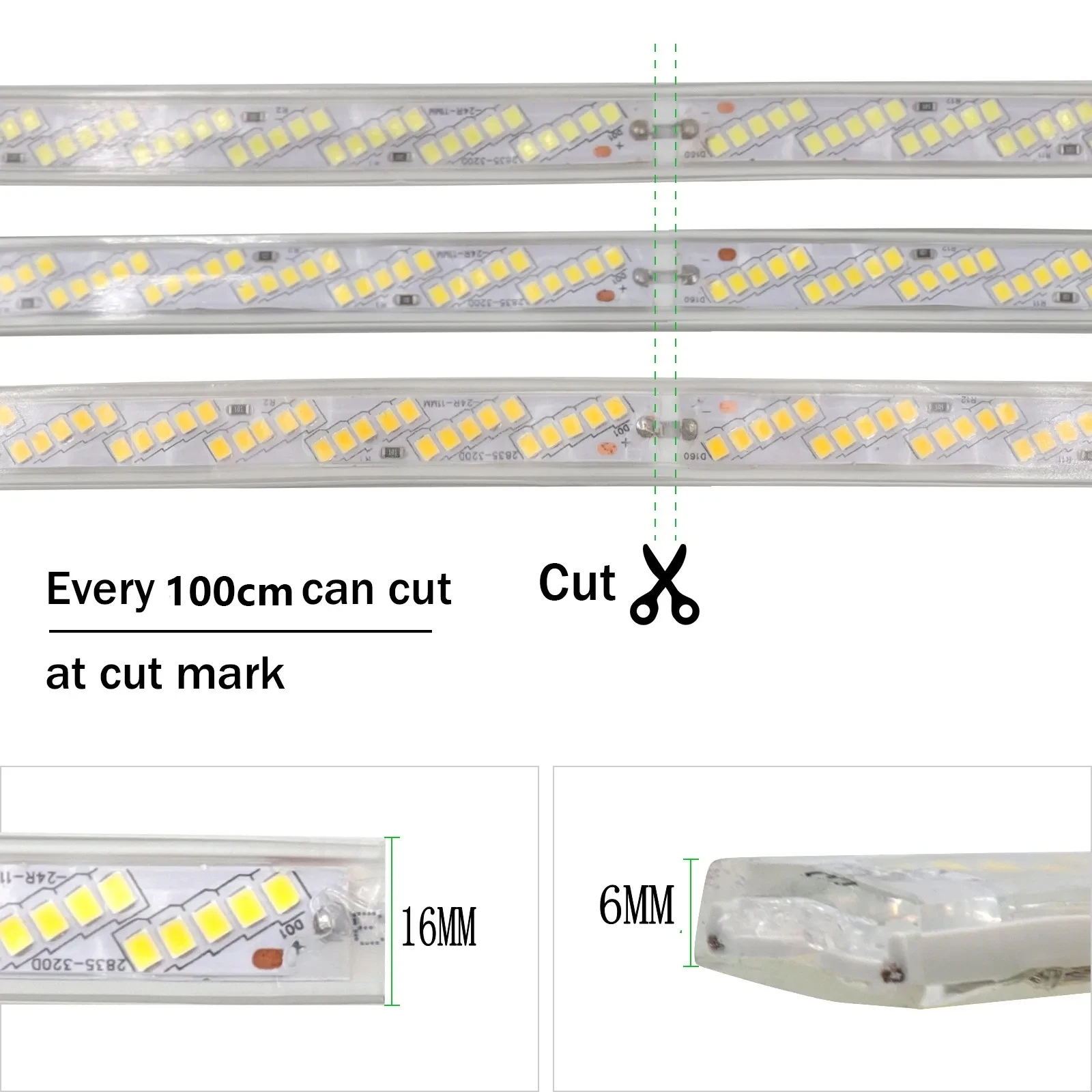 Impermeável LED Strip Light para decoração de casa, corda de fita flexível, SMD 2835, 320LEDs por m, UE e Reino Unido Plug, AC 220V