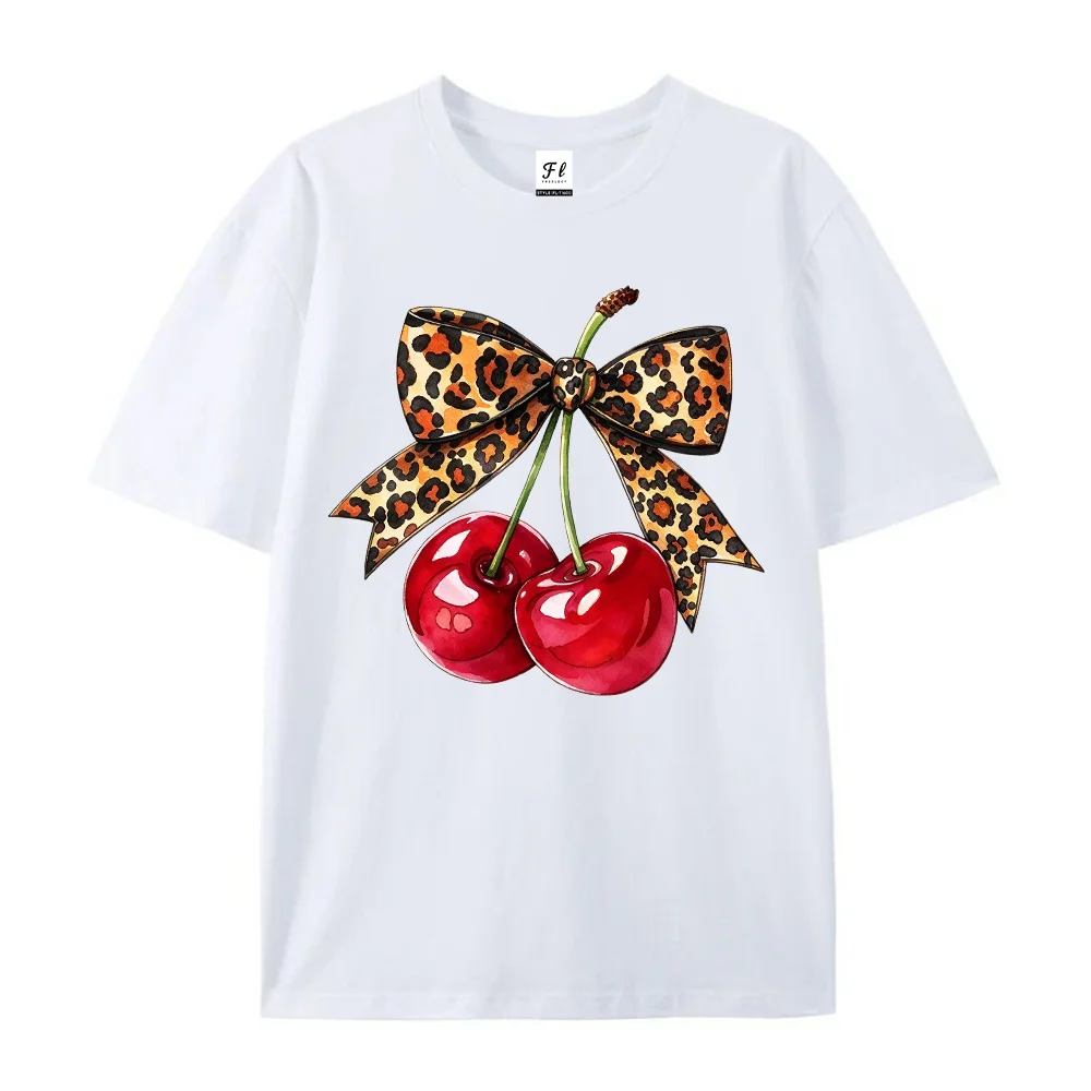 Womens Cherry Leopard Bow Graphic T Shirts Cute Fruit Print Aesthetic Y2K Casual Short Sleeve Crew Neck Loose Summer Top