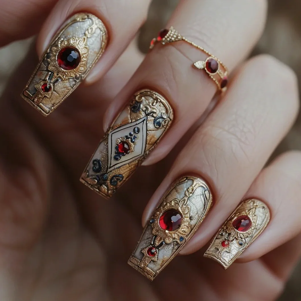 

24PCS Gilded Patterns False Nail Tips with Glue Light Luxury Retro Court Style Fake Nails Set Fashionable Wearable Nail Manicure