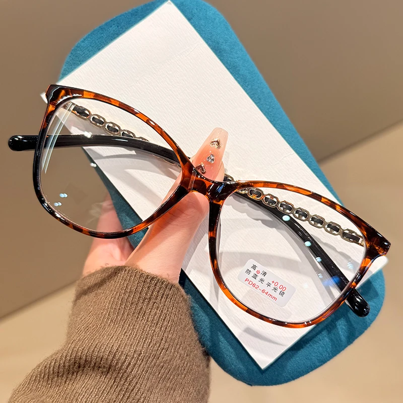 New Retro Cat-Eye Presbyopia Glasses Women's Brand Design Chanel-Style Chain-Woven Anti-Blue Light Reading Glasses 0 To +4.0