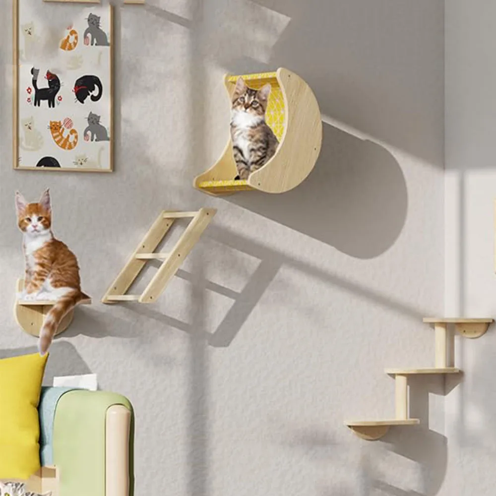 Cat Wall Furniture Floating Wall Shelf With Cat Scratching Post Climbing Perches Hammock Wall Steps For Sleeping Playing Res