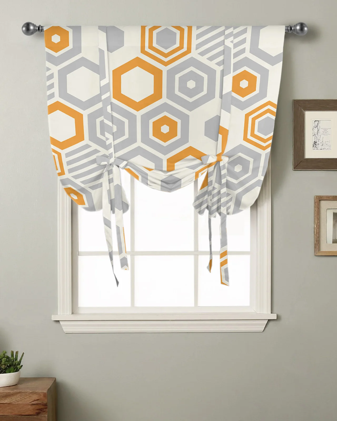 Modern Art Hexagon Stripes Window Curtain for Living Room Home Decor Blinds Drapes Kitchen Tie-up Short Curtains