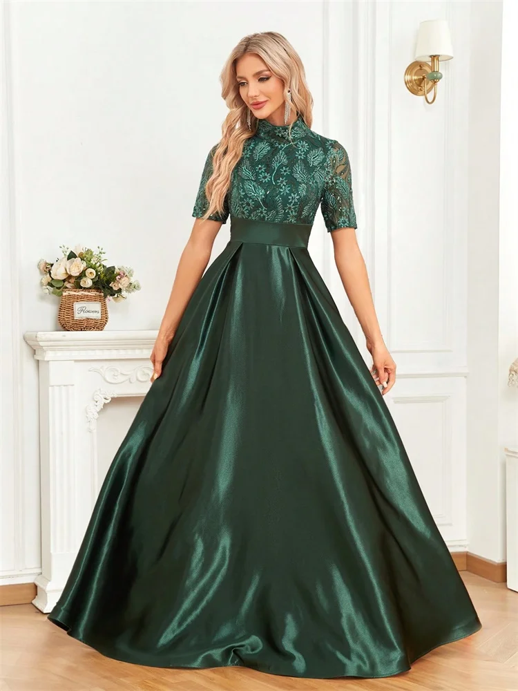 Elegante manga curta formal vestido de noite 2025 feminino o-pescoço cetim vestido de festa até o chão verde cocktail vestidos de formatura